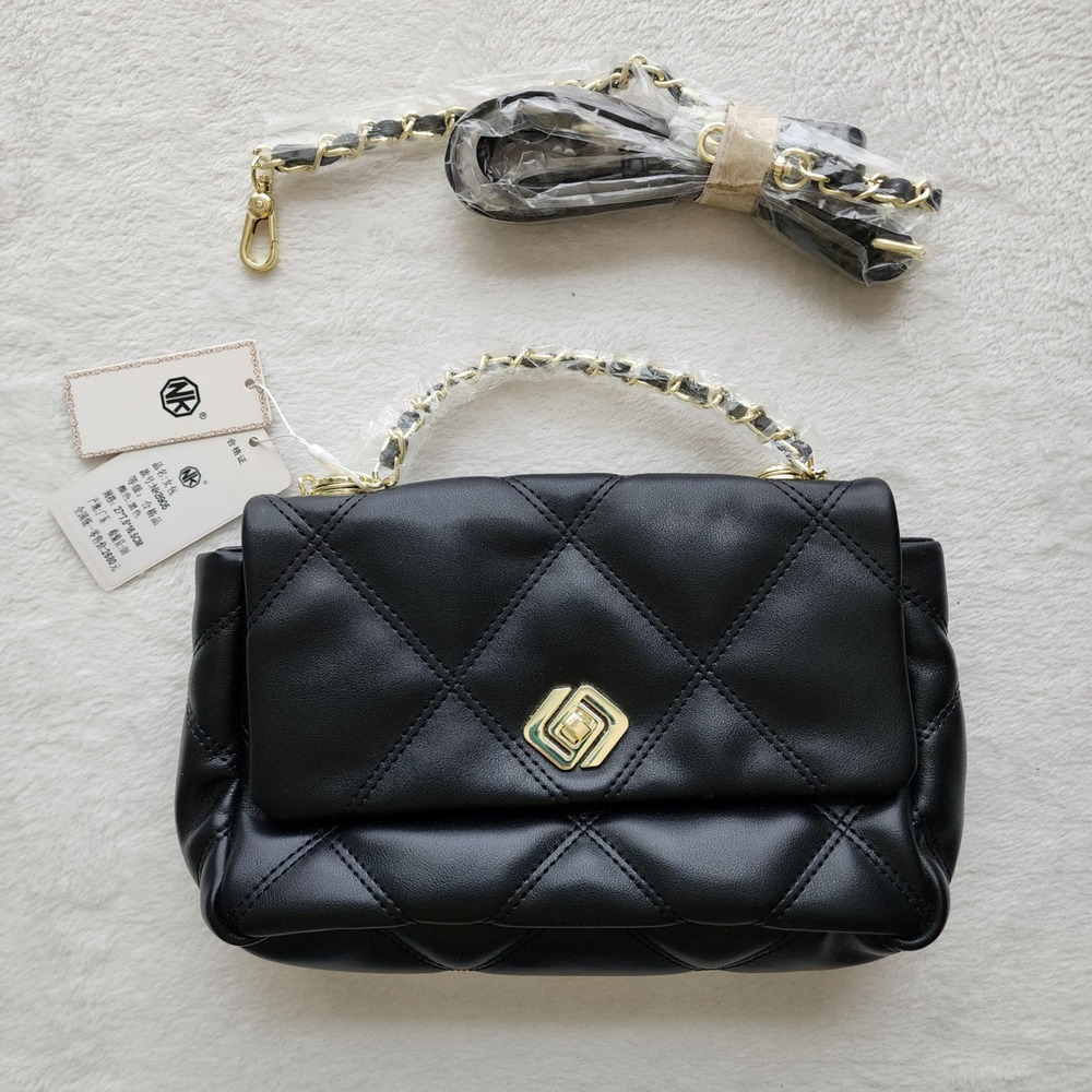 NK Quilted Crossbody Bag Womens Small Black Gold Chain Flap Chic Purse NEW
